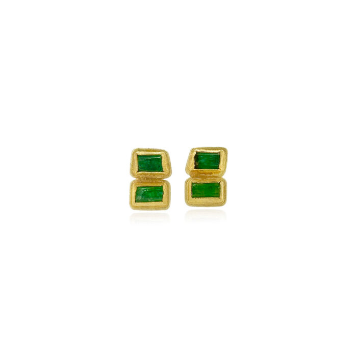 Double natural crystal emerald earrings, set in 22k yellow gold bezels, on 18k yellow gold posts. Earrings are 9/16" long x 3/8" wide (14 x 9 mm).