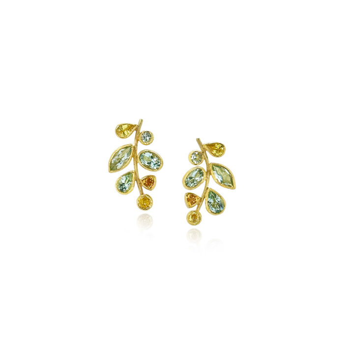 Grape cluster earrings in mixed shape aquamarines, 2.34 cttw, and yellow sapphires, 1.20 cttw, set in 22k and 18k yellow gold, on posts. Earrings are 7/8" long x 1/2" wide (22 x 13 mm).
