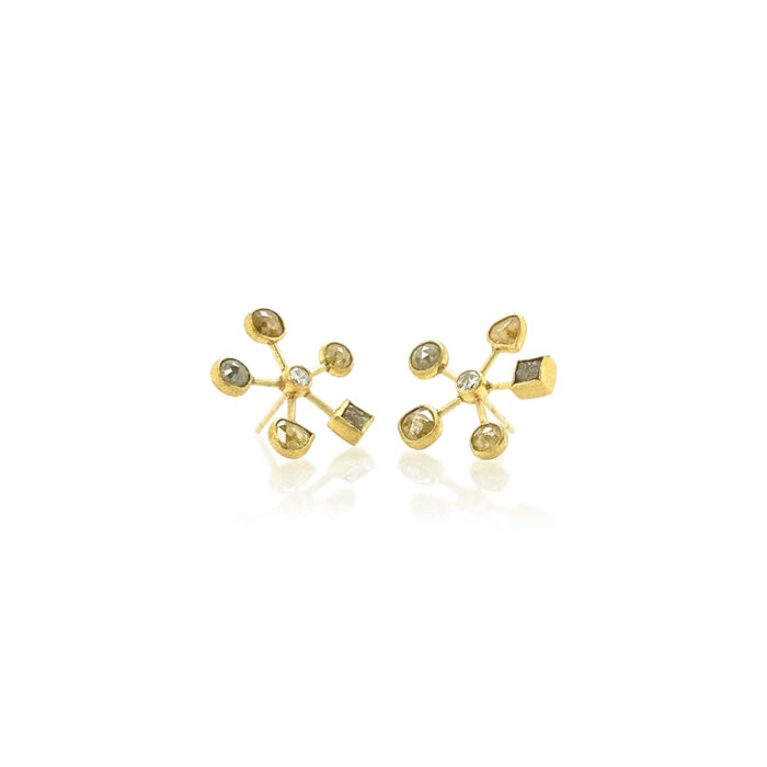 Starburst earrings with four rosecut, natural color diamonds in various shapes and one natural cube diamond, surrounding a 3 mm brilliant-cut center diamond, set in 22k and 18k yellow gold, with post backs. Earrings are 3/4" (18 mm) in diameter.