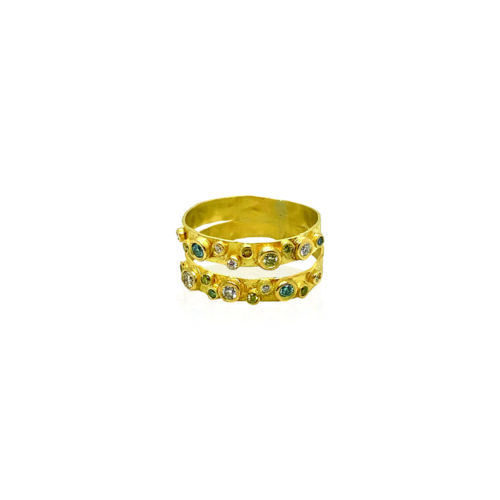 Hand-crafted 18k yellow gold ring with double bands and multi-colored diamonds, 0.32cttw, ring is a size 6.5 and is 9mm wide and tapers to 7mm. 