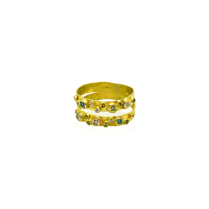 Hand-crafted 18k yellow gold ring with double bands and multi-colored diamonds, 0.32cttw, ring is a size 6.5 and is 9mm wide and tapers to 7mm. 