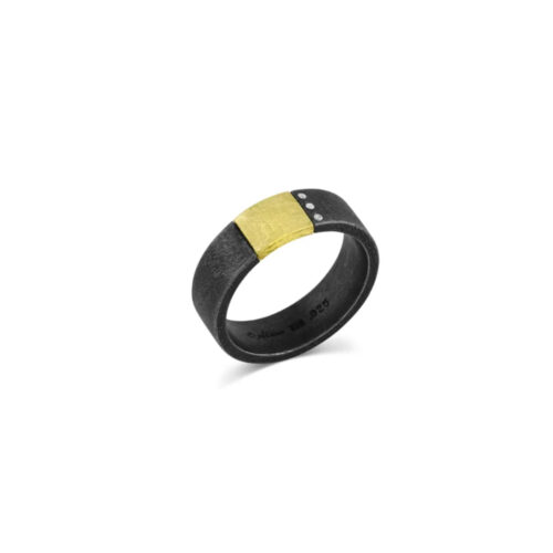 18k yellow gold and oxidized sterling silver flat surface ring with diamonds, .03 cttw, ring is a size 9.5 and the band is 1/4" wide (7 mm).