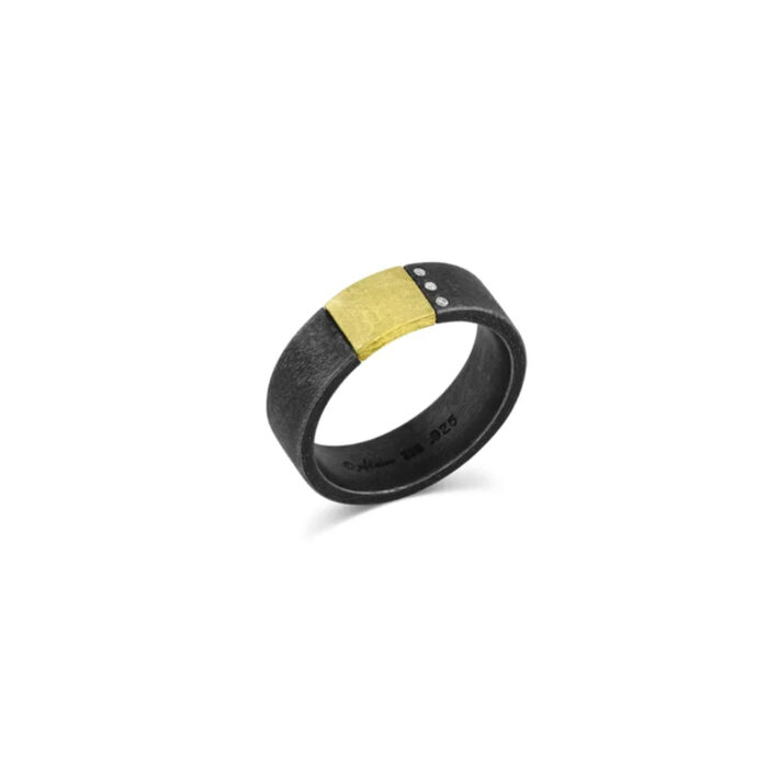 18k yellow gold and oxidized sterling silver flat surface ring with diamonds, .03 cttw, ring is a size 9.5 and the band is 1/4" wide (7 mm).