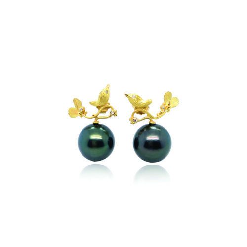 Hand-crafted 18k yellow gold birdie earrings with diamond eyes and accents, 0.06cttw, and a black Tahitian pearl, on posts. Earrings are 22mm wide x 24mm long. 