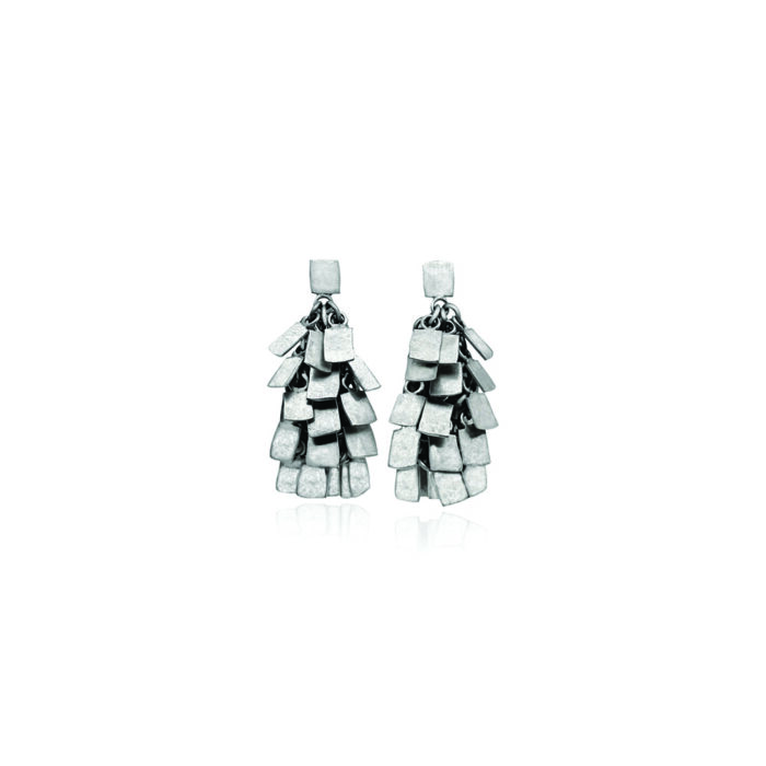 Silver and titanium shake earrings on posts. Earrings are 1 1/2" long x 3/4" wide (38 x 19mm). 