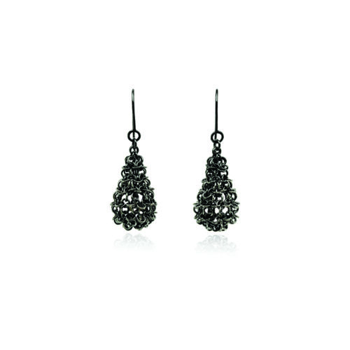Oxidized sterling silver chainmaille pods with an enclosed pearl. Earrings are on French wires and are 1 7/8" long x 5/8" wide (48 x 16 mm). 