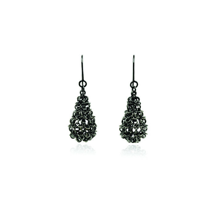 Oxidized sterling silver chainmaille pods with an enclosed pearl. Earrings are on French wires and are 1 7/8" long x 5/8" wide (48 x 16 mm). 