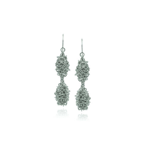 Sterling silver double pod earrings on French wires. Earrings are 2 1/4" long x 1/2" diameter (5.5 cm x 12 mm). 