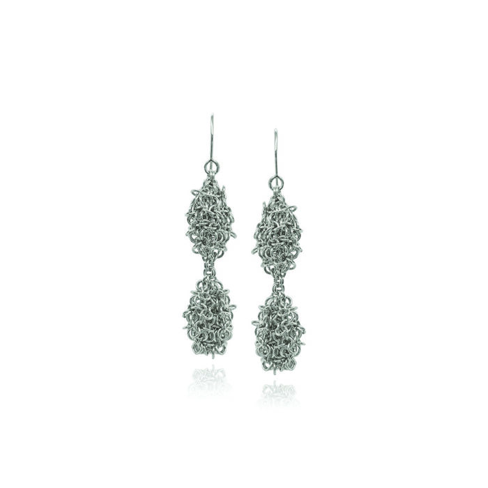 Sterling silver double pod earrings on French wires. Earrings are 2 1/4" long x 1/2" diameter (5.5 cm x 12 mm). 