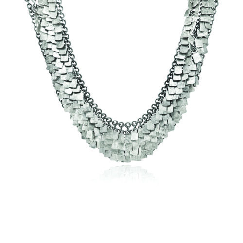Sterling silver and titanium chainmaille shake necklace with toggle clasp. Necklace is 15" long x 1" wide. 