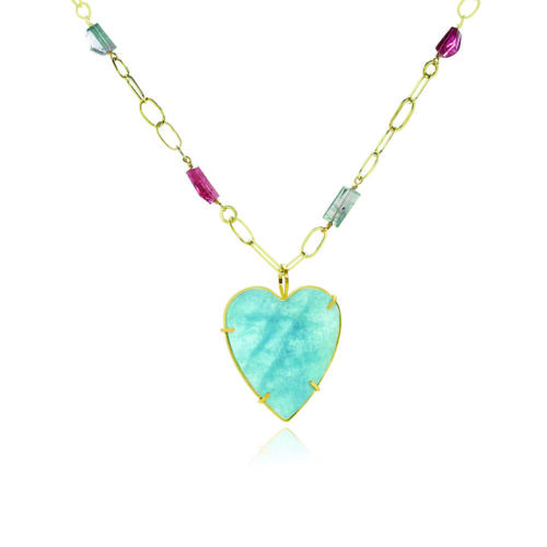 Natural surface aquamarine heart with tourmaline and handmade chain
