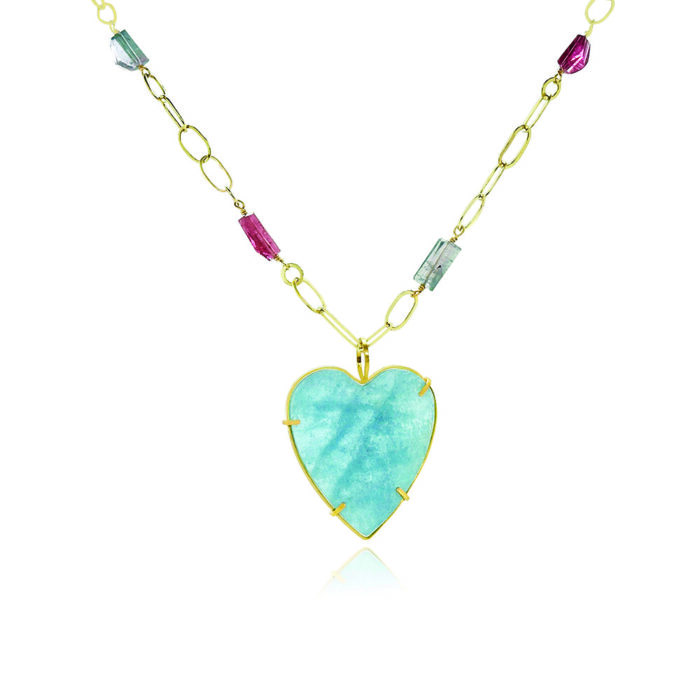 Natural surface aquamarine heart with tourmaline and handmade chain