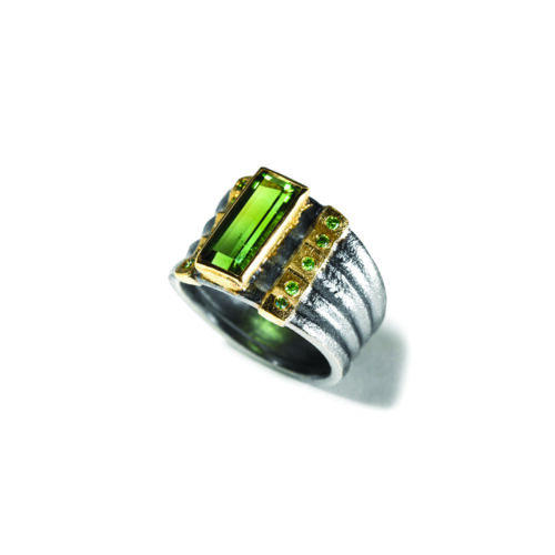 Emerald Cut green tourmaline ring with diamonds
