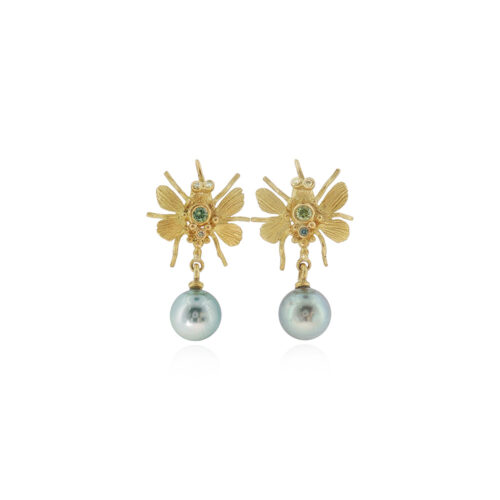 Garden bird bug earrings with Tahitian Grey pearls and diamonds