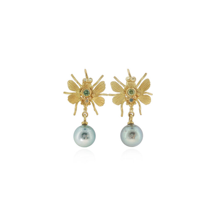 Garden bird bug earrings with Tahitian Grey pearls and diamonds