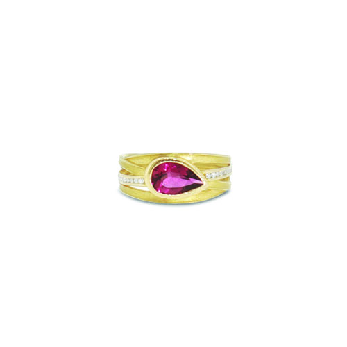 four ribbon ring with pear shaped pink tourmaline