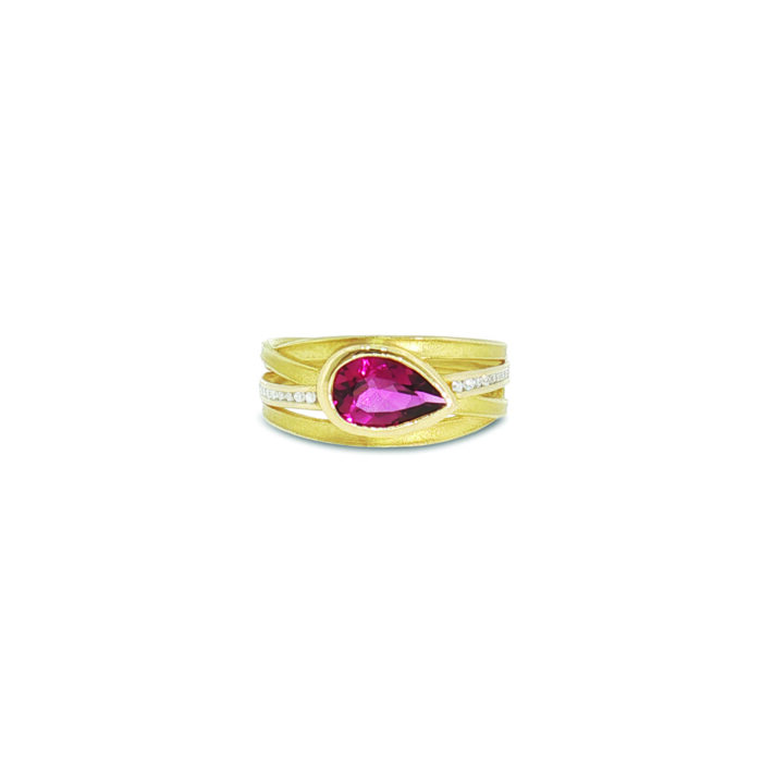 four ribbon ring with pear shaped pink tourmaline
