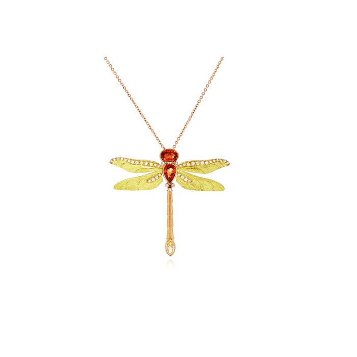 Dragonfly pendant with orange sapphires and diamonds