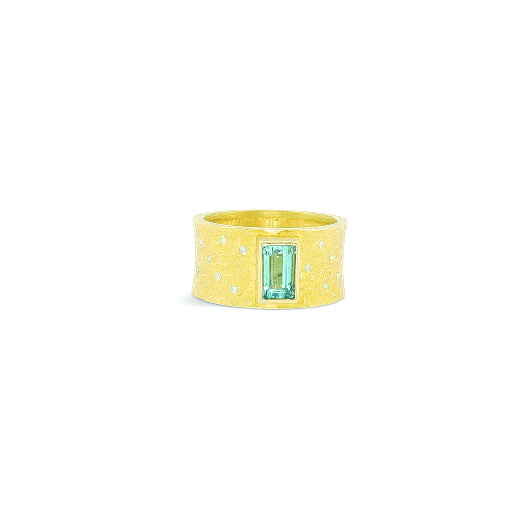 carved glacier ring with aquamarine and diamonds