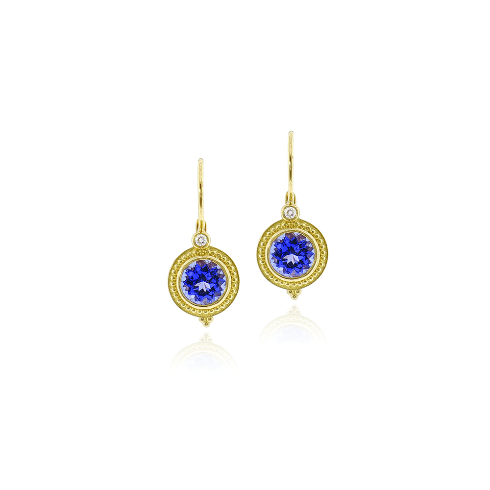 step bezel earrings with Tanzanites and lever backs