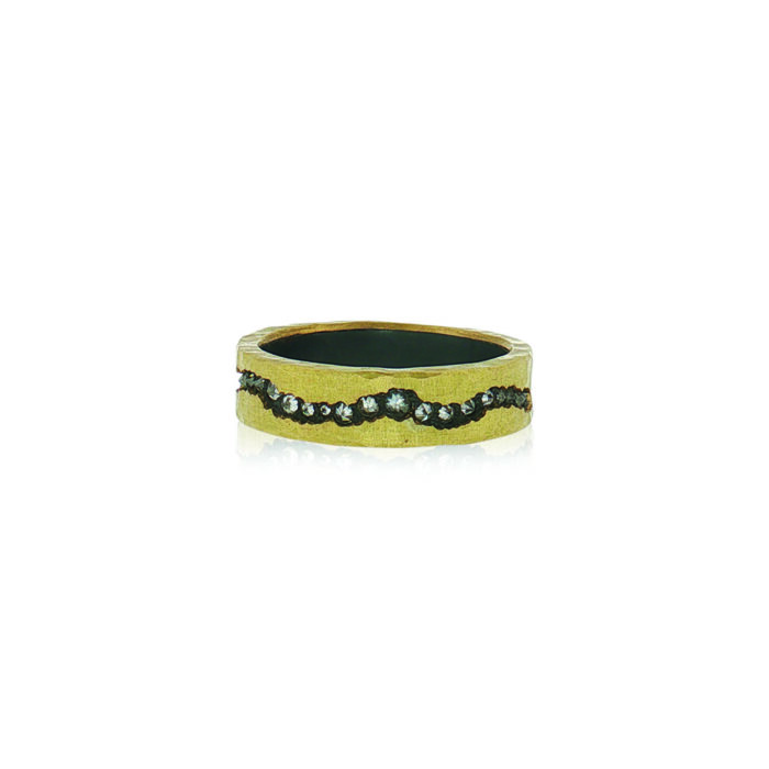 $3,390.00 Artist: Tap by Todd Pownell Add to cart Send a hint 6mm 18k yellow gold hammered ring hammered layer over oxidized sterling silver with fissure cut set with inverted diamonds, approximately 0.50cttw.