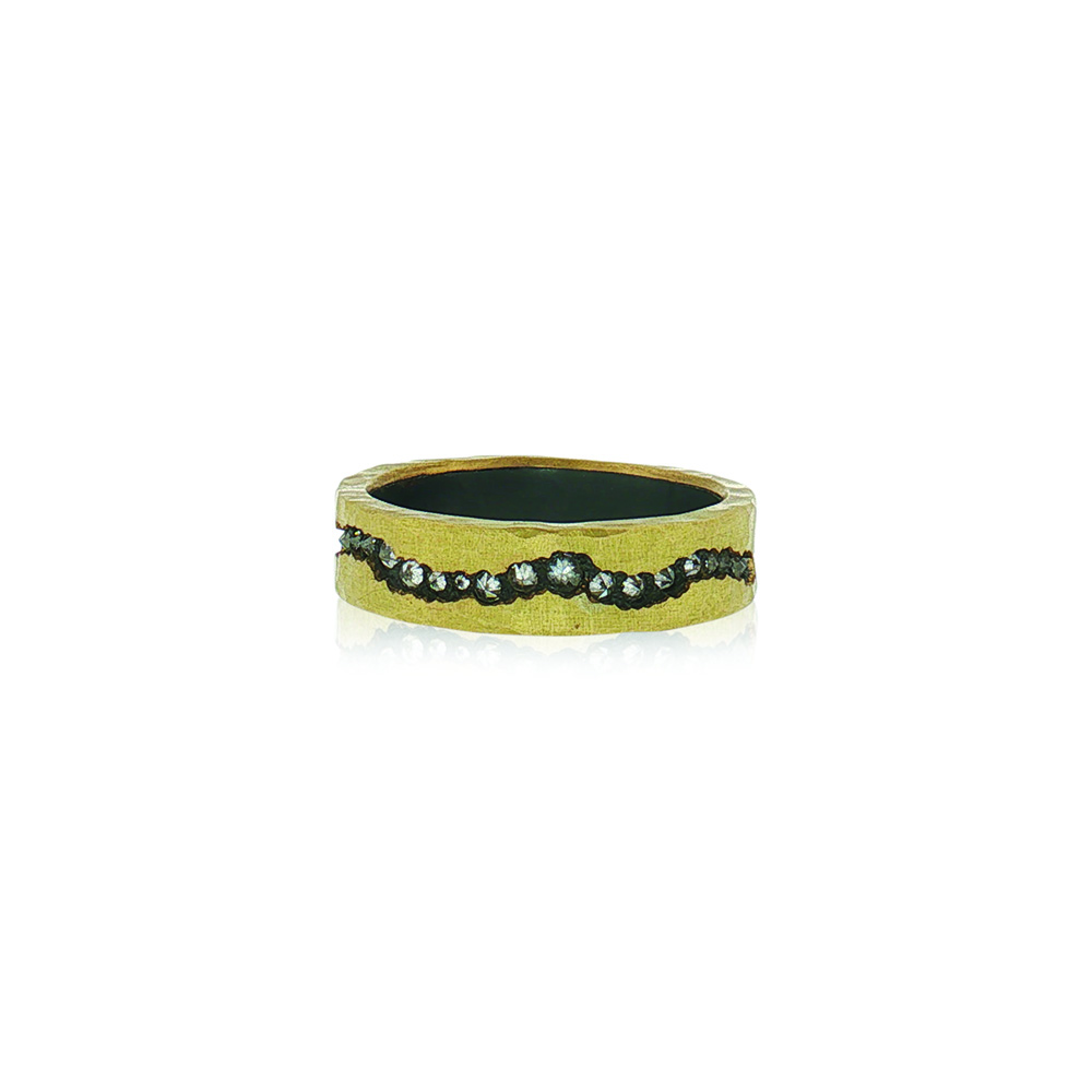 $3,390.00 Artist: Tap by Todd Pownell Add to cart Send a hint 6mm 18k yellow gold hammered ring hammered layer over oxidized sterling silver with fissure cut set with inverted diamonds, approximately 0.50cttw.