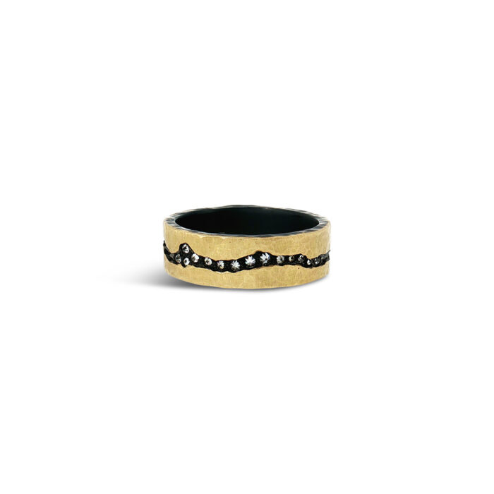 Channel Set inverted diamond ring in 18k gold and oxidized sterling silver