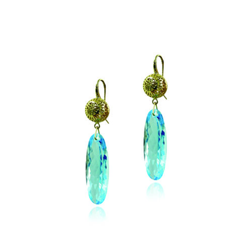 crownwork ball earrings with long blue topaz drops