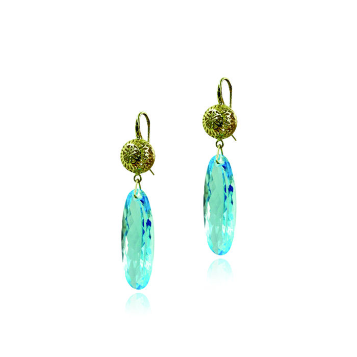 crownwork ball earrings with long blue topaz drops