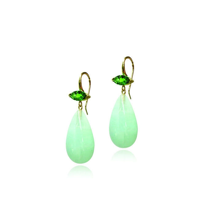 crownwork East/West earrings with Tsavortite garnets and Afghan aquamarine