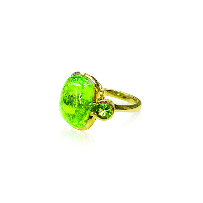 three stone scallop ring with green tourmaline and green sapphires