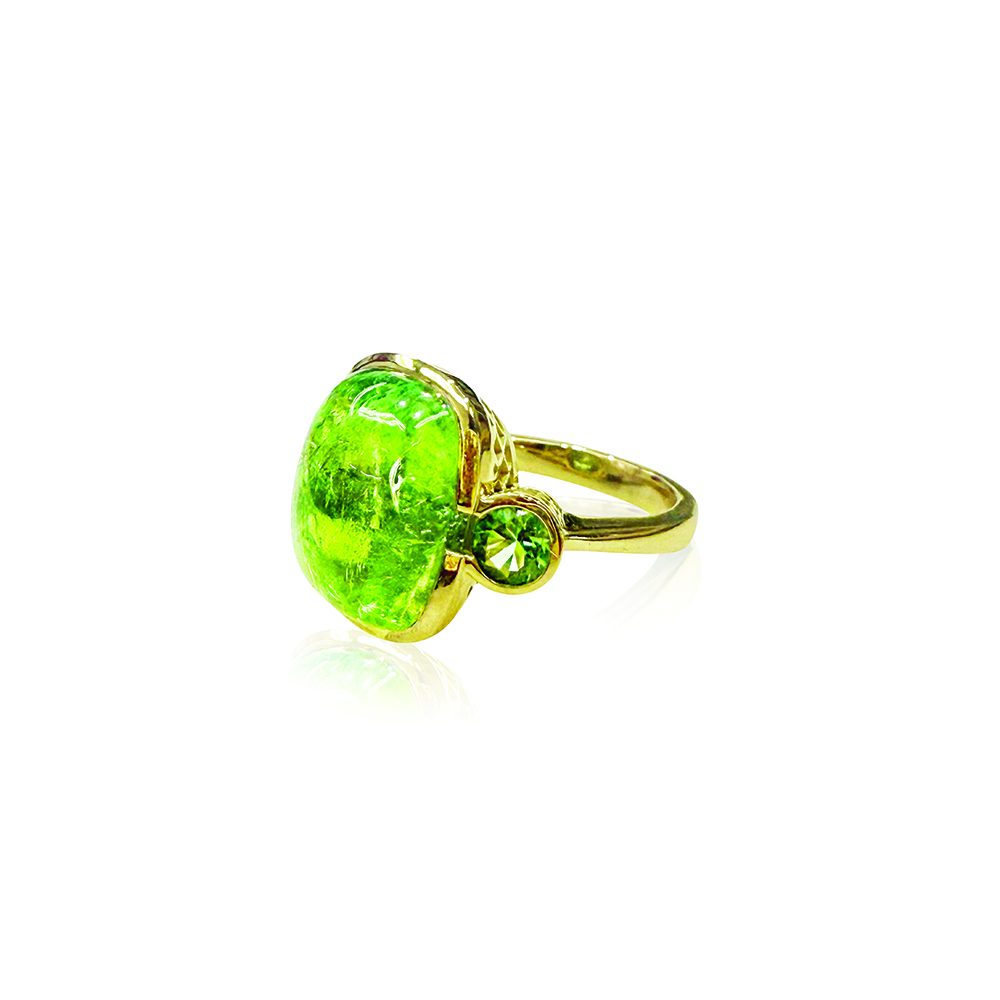 three stone scallop ring with green tourmaline and green sapphires