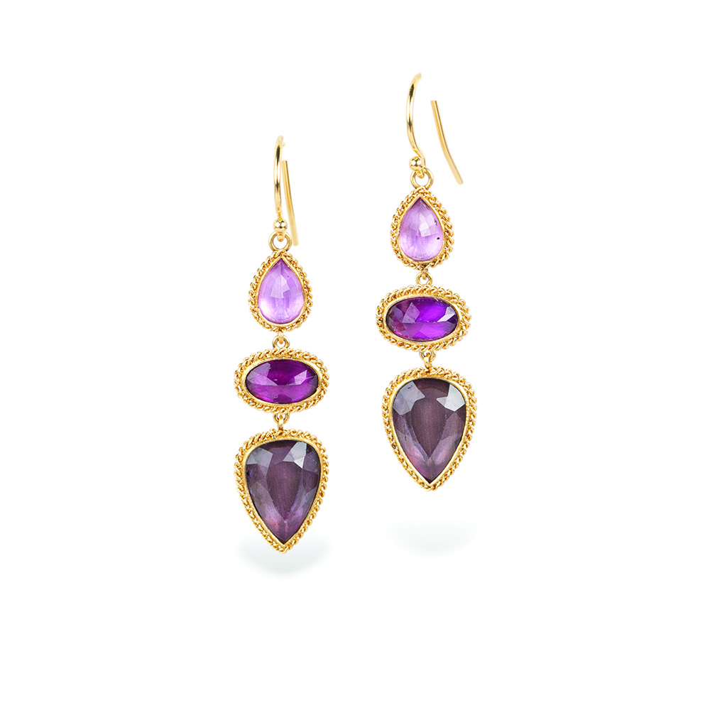 Triple drop earrings with Sapphire, garnets and tourmaline